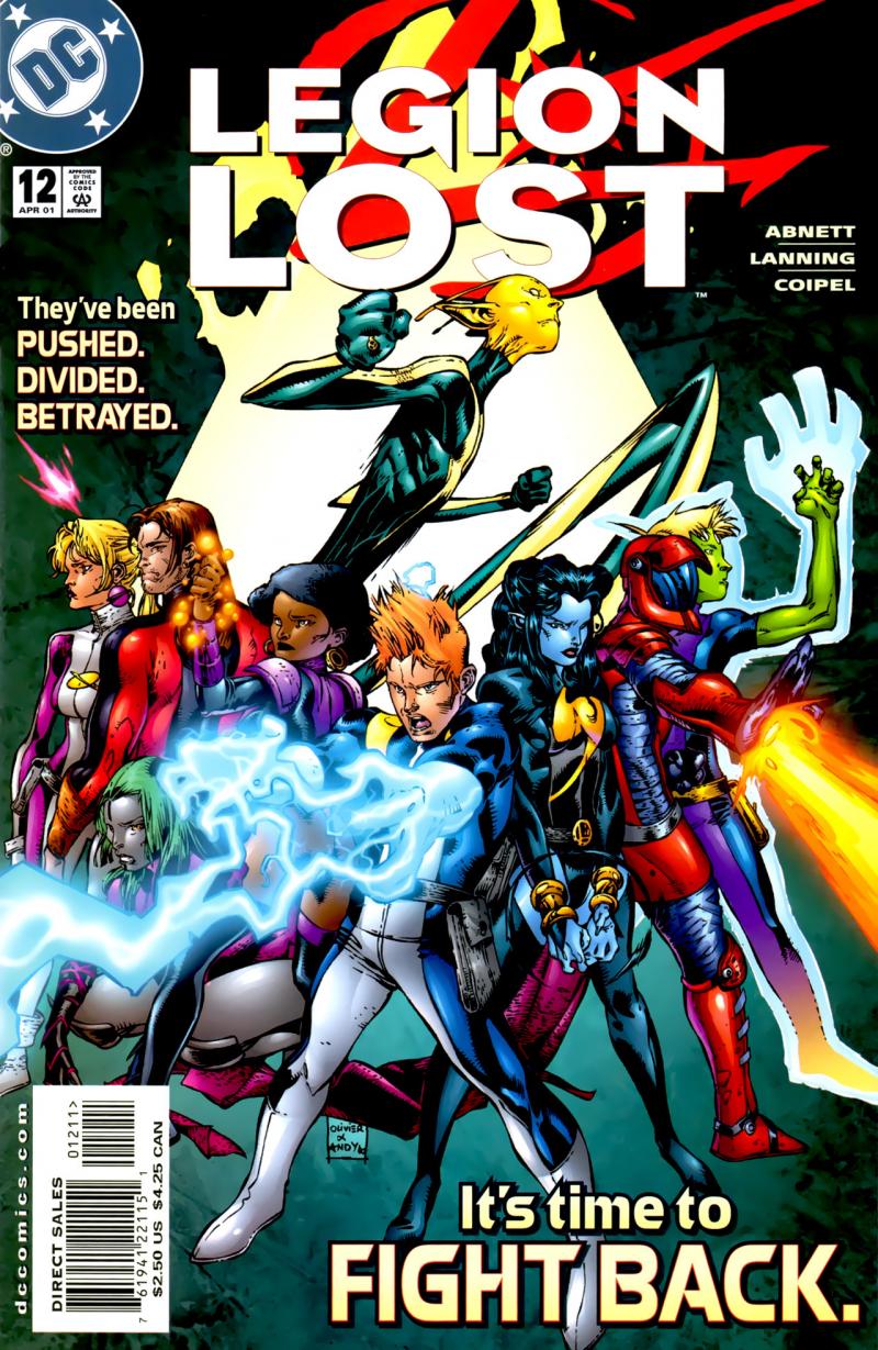 Cover of Legion Lost #12, featuring a phalanx of superheroes in colorful costumes