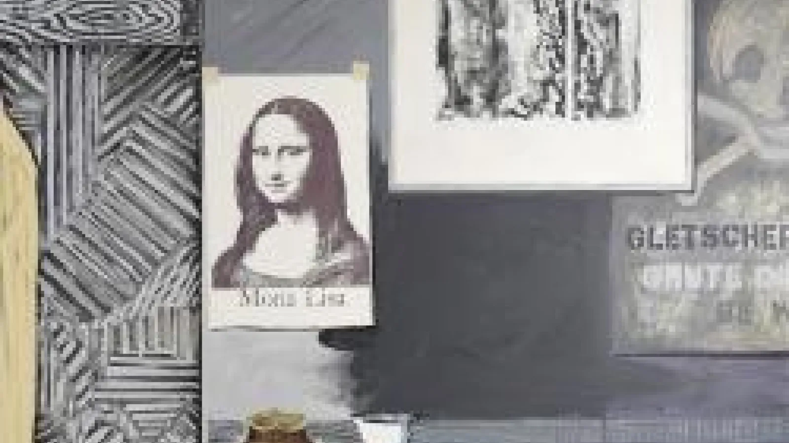 Detail of Jasper Johns' "Racing Thoughts," a mostly gray drawing collage featuring a reproduction of the Mona Lisa