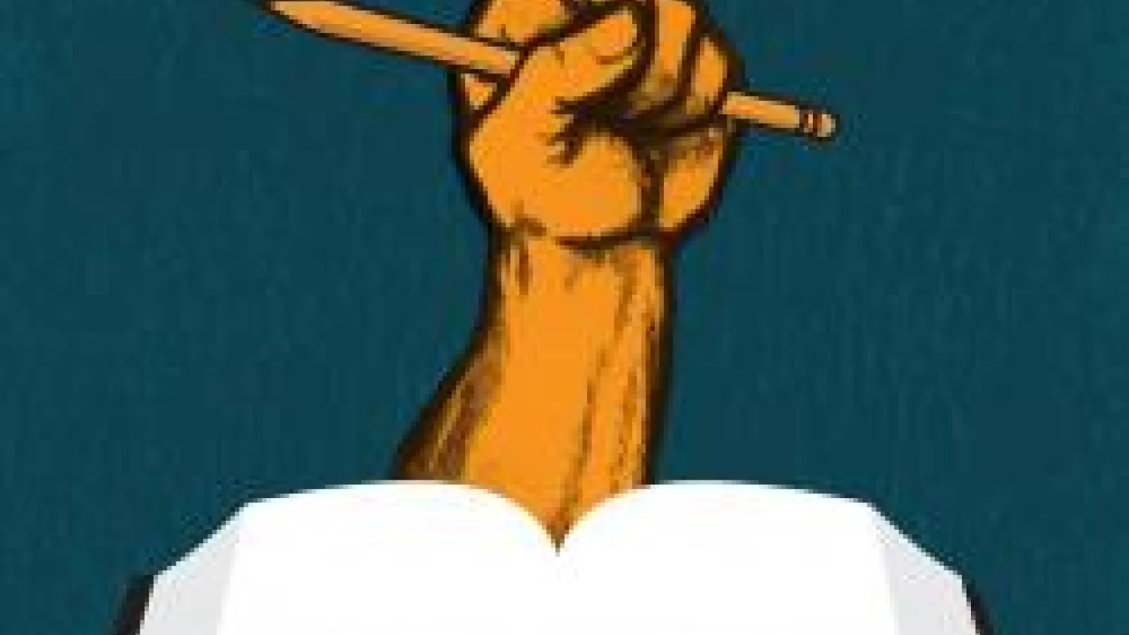 A drawing of a golden arm, a pencil clenched in its fist, emerging from the pages of an open book