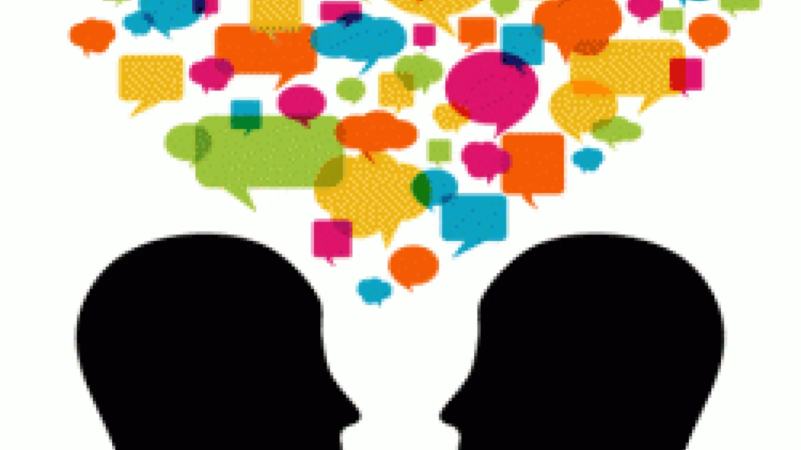 Two cartoon heads face each other, with a cloud of empty speech balloons forming above them
