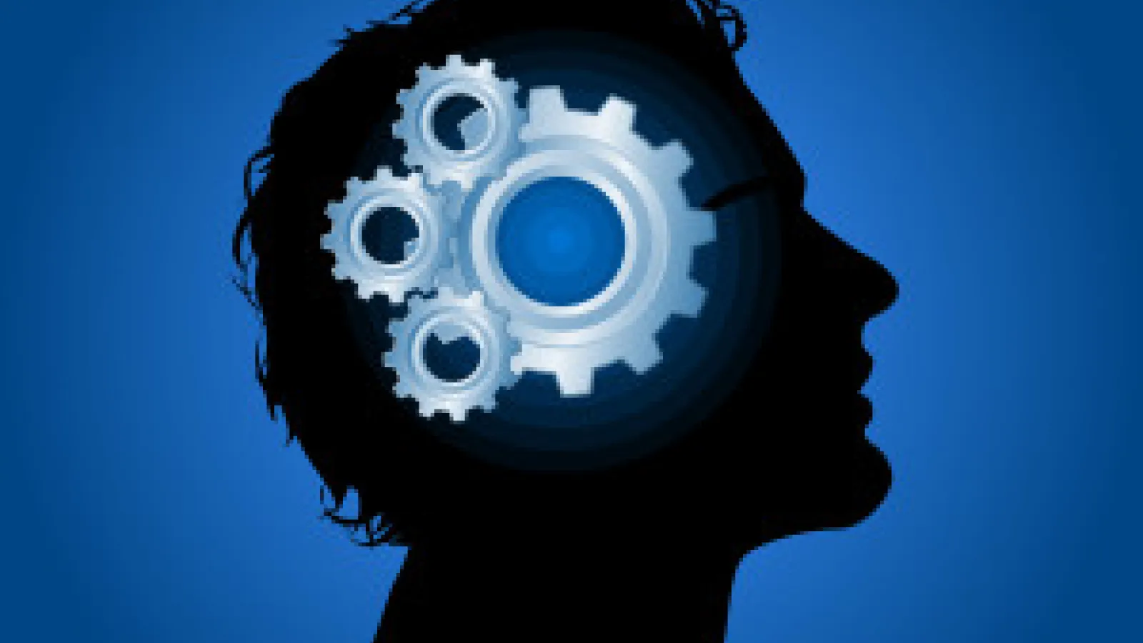 A drawing of interlocked gears superimposed on the silhouette of a person in profile