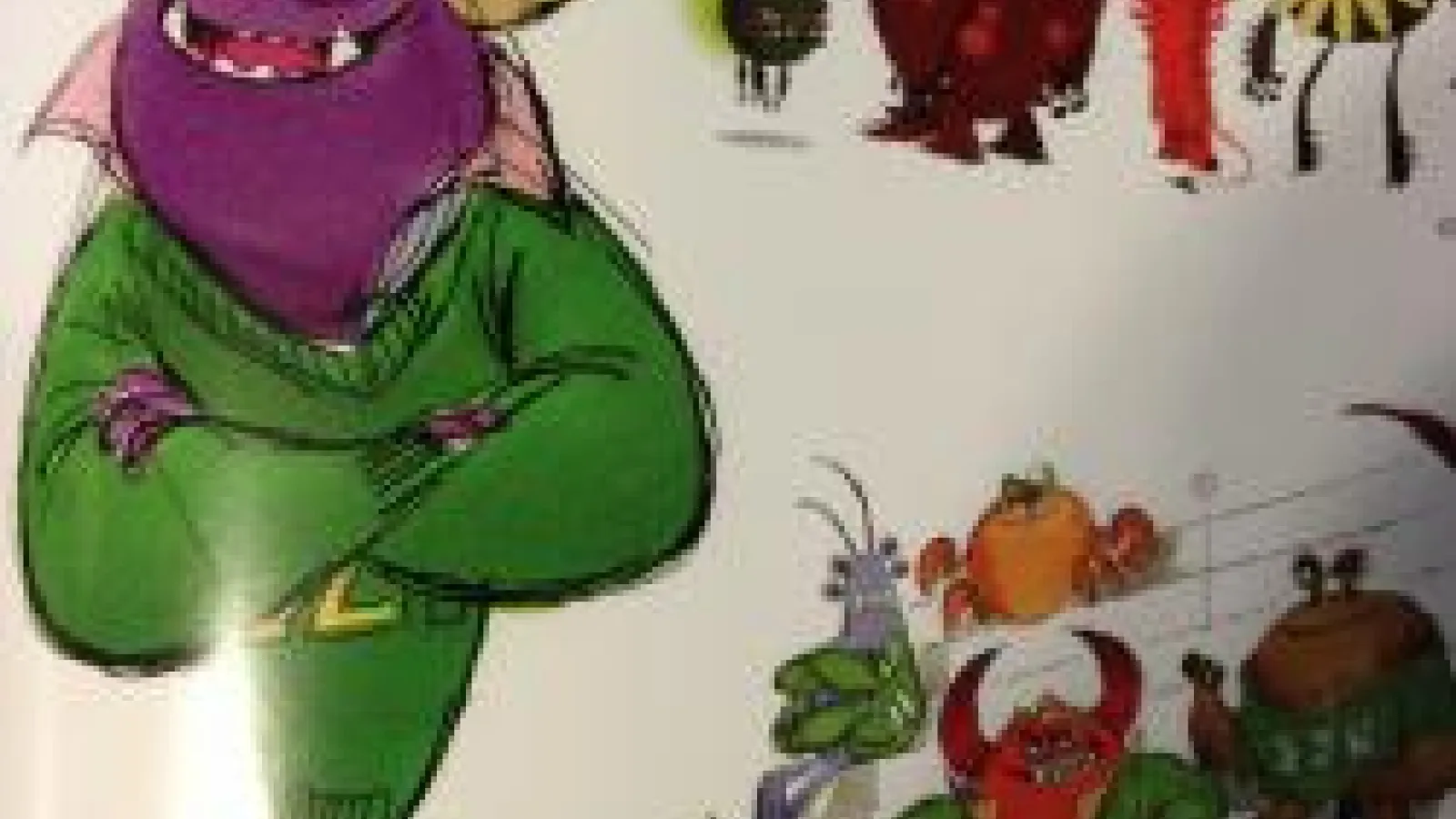 A page of brightly colored character sketches for monsters.