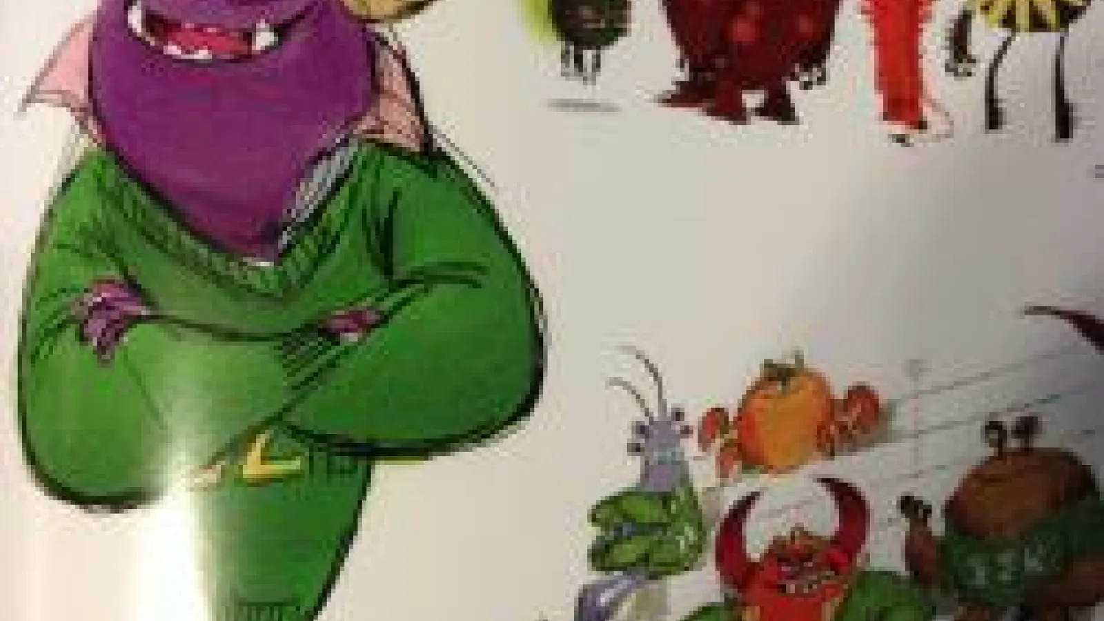 A page of brightly colored character sketches for monsters.