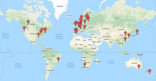 Pins on a world map identify the home nations of Project Narrative visiting scholars. Scholars have visited from all continents except Antarctica.