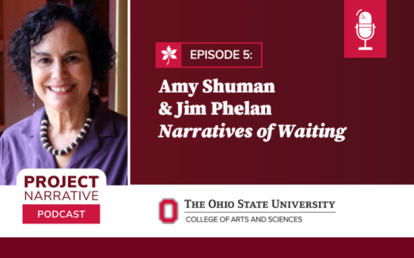 Amy Shuman next to text "Amy Shuman & Jim Phelan Narratives of Waiting"