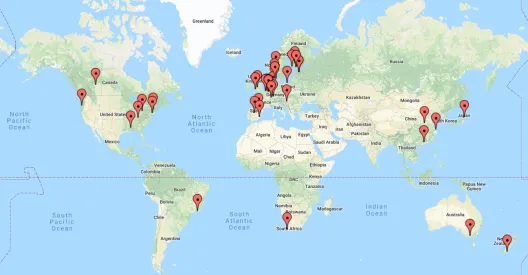 Pins on a world map identify the home nations of Project Narrative visiting scholars. Scholars have visited from all continents except Antarctica.