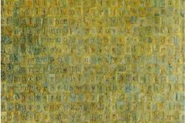 Jasper Johns, "Grey Alphabets," a grid of letters on mottled gray-green backgrounds