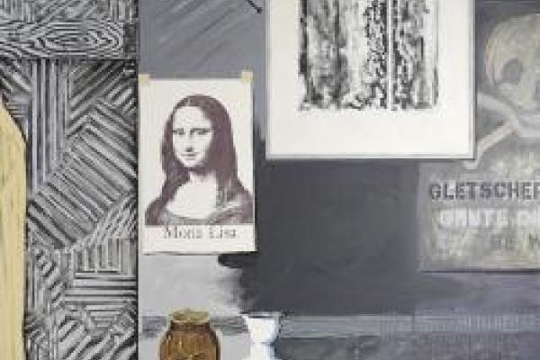 Detail of Jasper Johns' "Racing Thoughts," a mostly gray drawing collage featuring a reproduction of the Mona Lisa