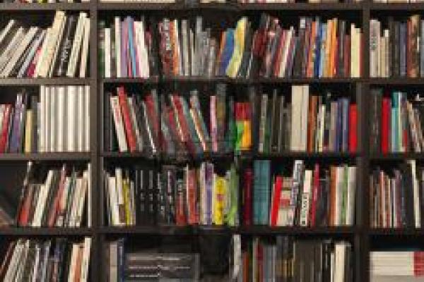 A wall of bookshelves, crowded with books both upright and lying on their sides